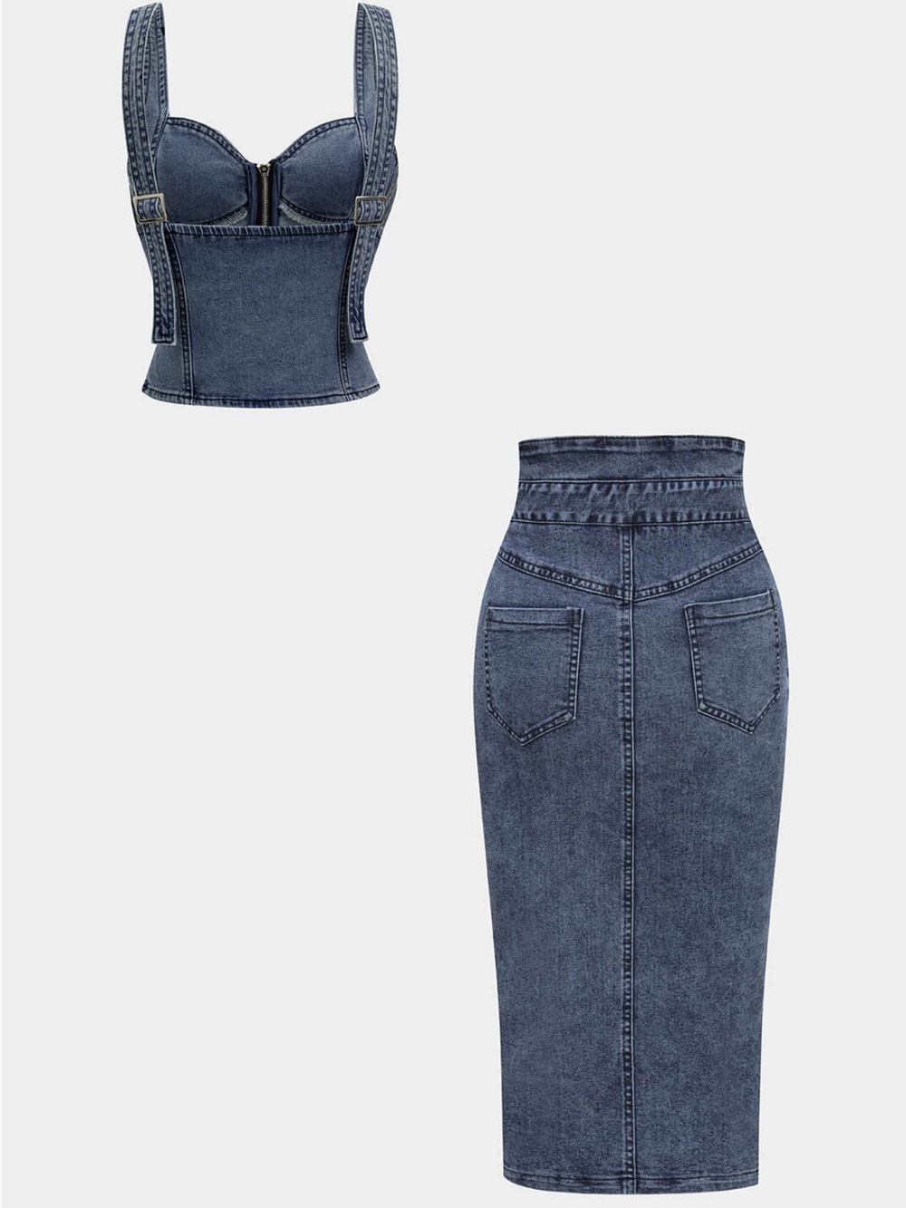 High-Waist Midi Denim Pencil Skirt in Washed Blue